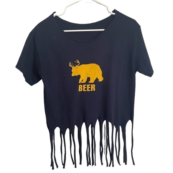 𝅺navy Blue Beer Breckenridge Distressed Short Sleeve Top - Picture 1 of 4